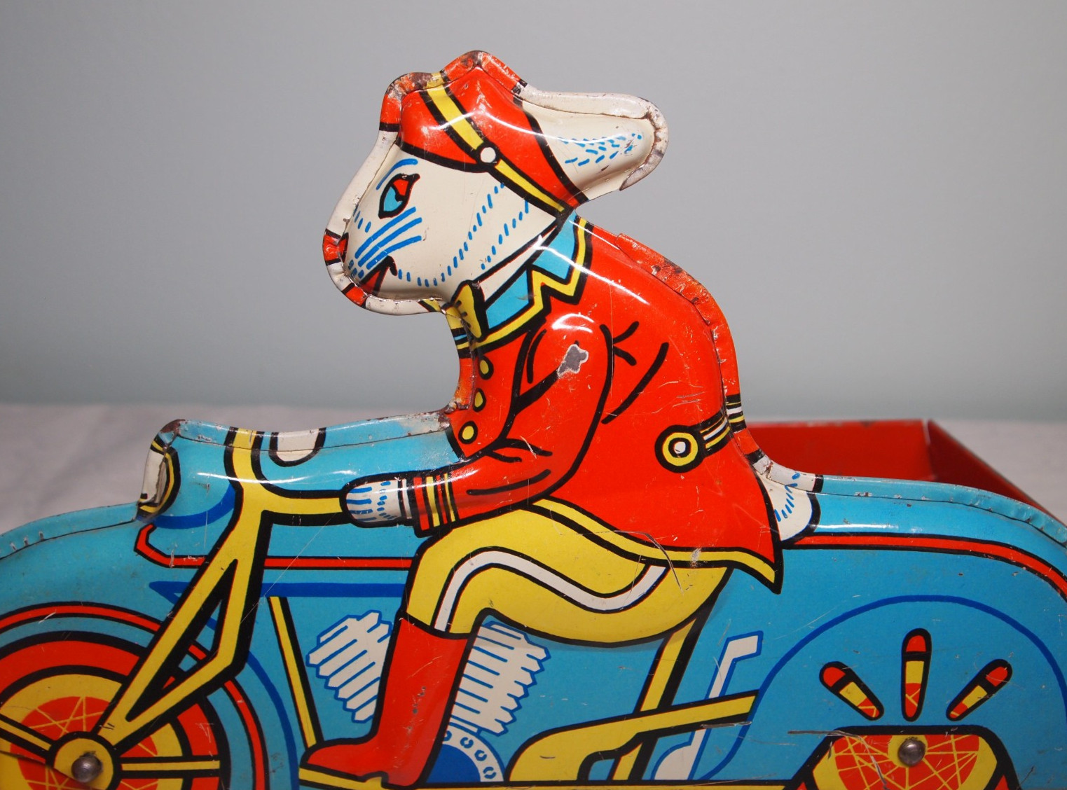 Vtg Tin Easter Car Bunny Delivery Motorcycle & sidecar rolled steel litho