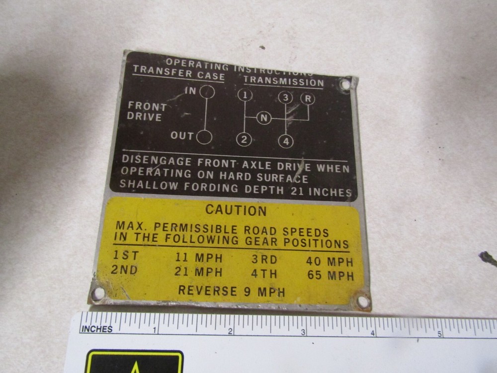 MILITARY OLD IDENTIFICATION DATA PLATE OPERATING INSTRUCTIONS TRANSFER CASE TRAN