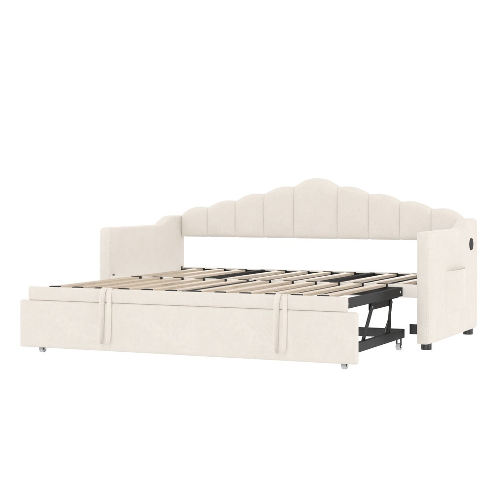 Twin Size Daybed Upholstered Bed Frame Sofa Bed w/ Pull Out Trundle & USB Port