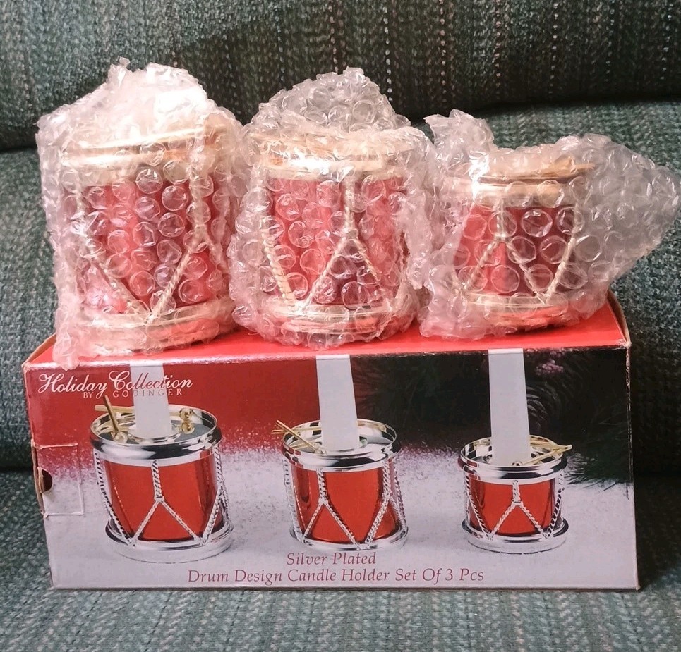 Holiday Collections Silver Plated Drum Candle Holders by Godinger (NOB)
