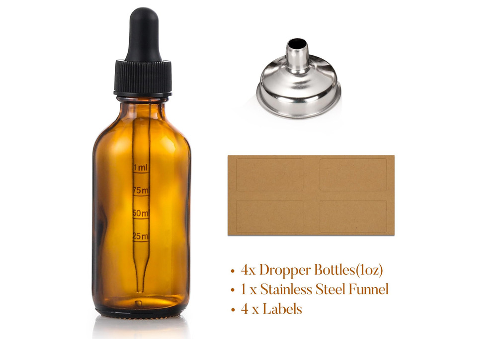 4-Pack 1oz Amber Dropper Bottles for Oils/Tinctures