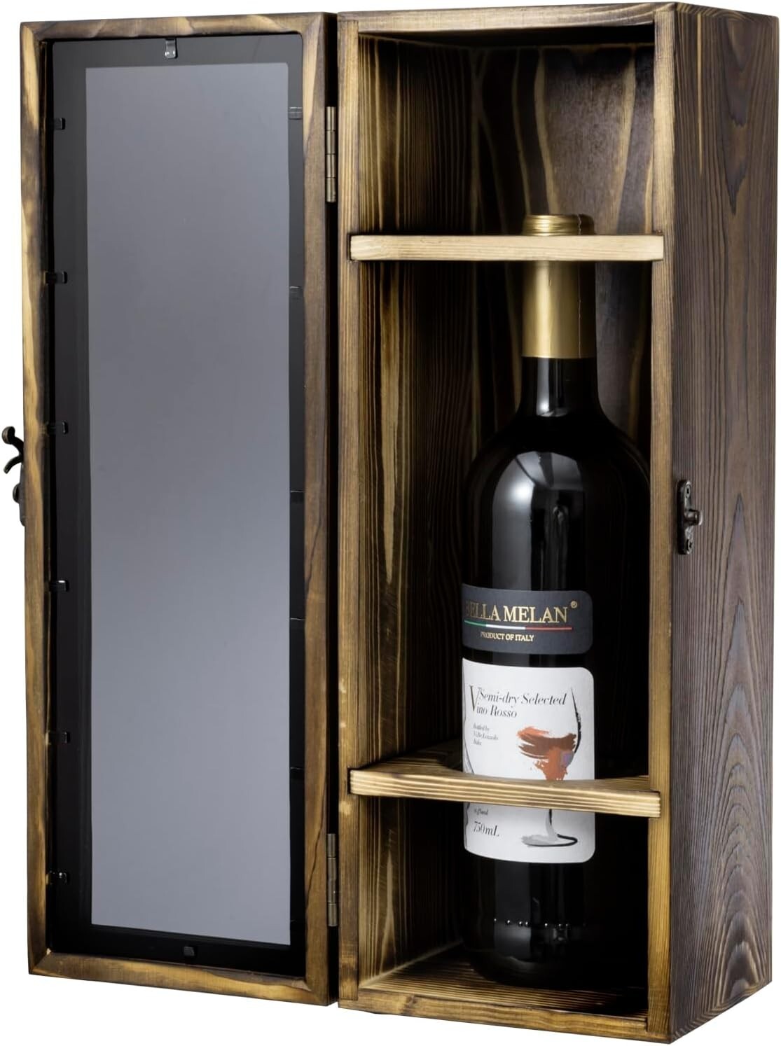 Brown Wood and Black Acrylic Window Single Wine Bottle Gift Box, Wine Storage