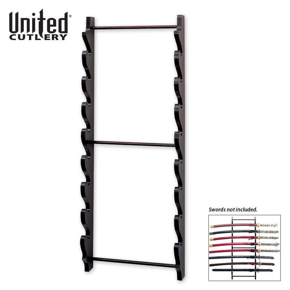 8 Tier Sword Wall Display Stand Rack Black Full Size Wood Hanger Katana Holder