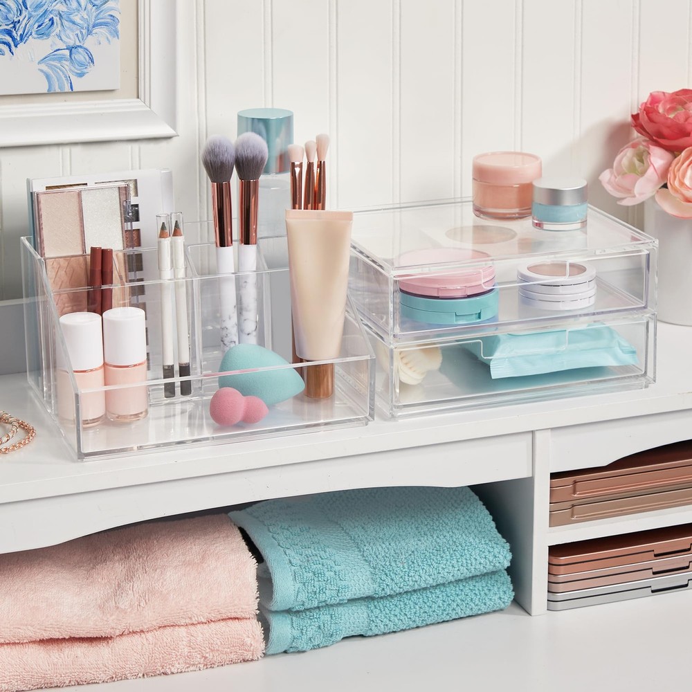 Chloe Stackable Makeup Holder & Drawer Organizer Set, Clear, BPA-Free Plastic...