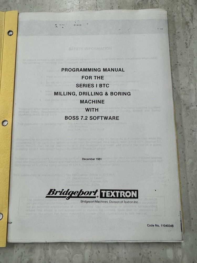 Bridgeport Textron Series I BTC Mill, Drill, & Bore Machine Programming Manual