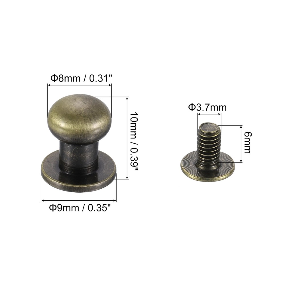 15Sets Brass Ball Head Stud Rivets, 8mm Screw Back Button Nipple Rivet, Bronze