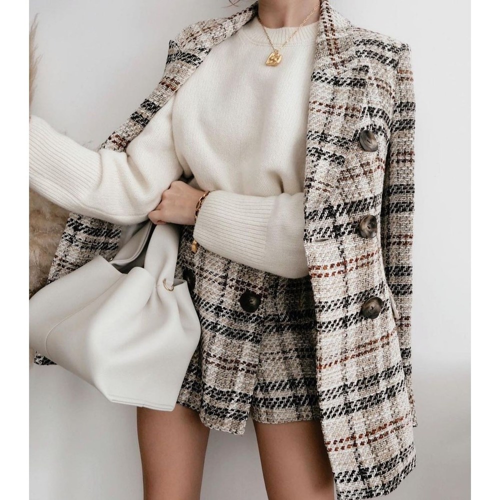 ZARA Wool-Blend Double Breasted Plaid Blazer NWT