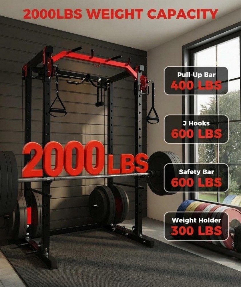 Power Cage Home Gym with LAT Pulldown & Cable System 2000LBS Squat Rack for Home