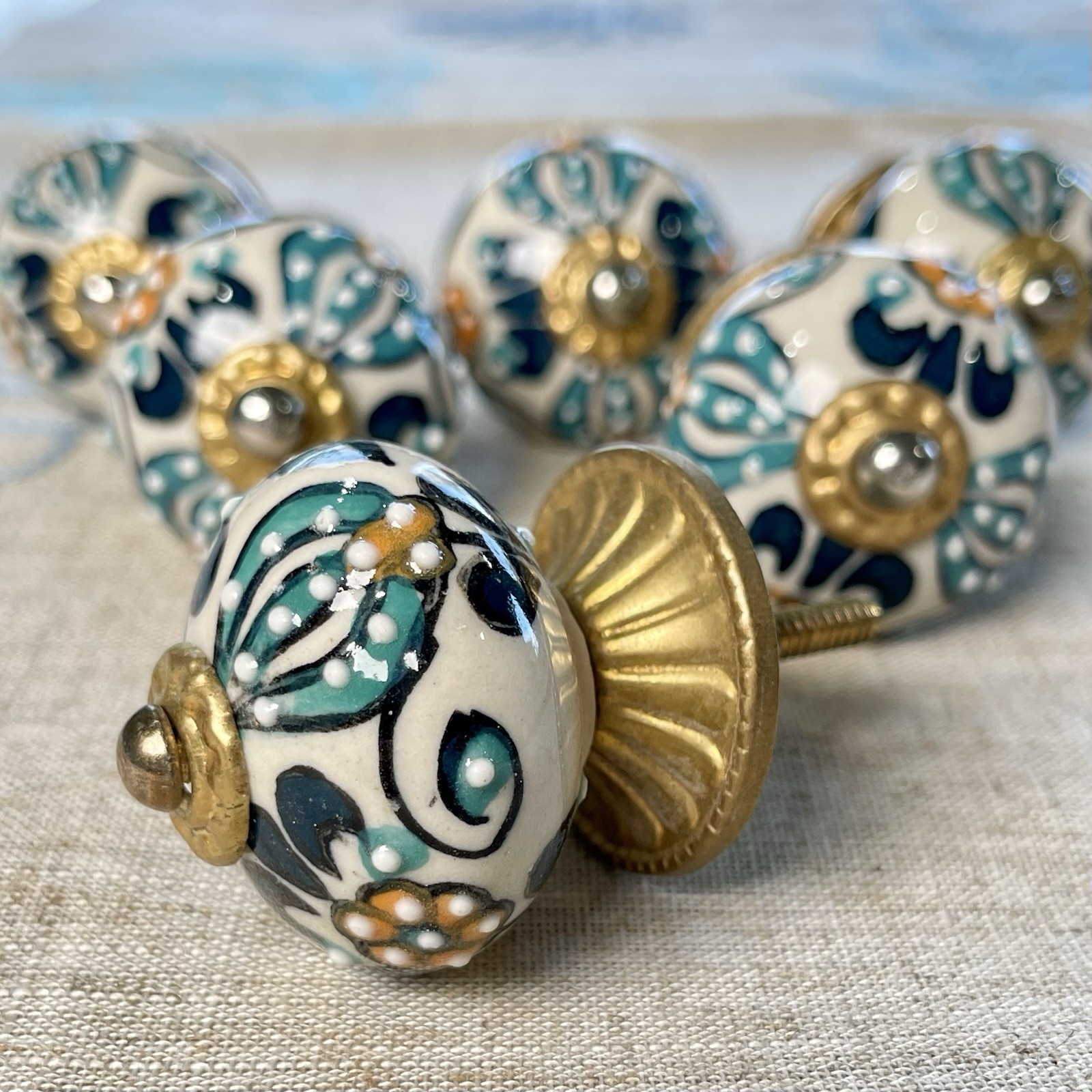 6 Hand Painted Ceramic Boho Floral Drawer Knobs Turquoise Blue Gold White Orange