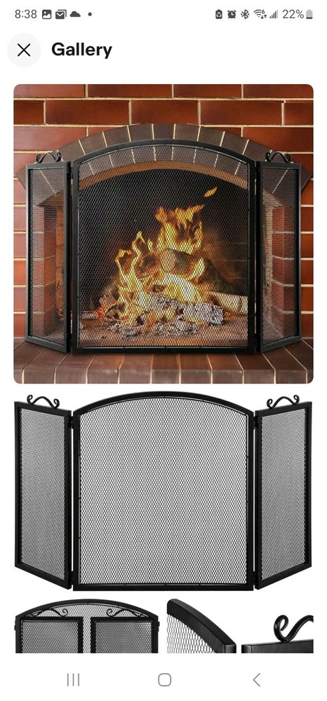 Black Metal Mesh Fireplace Cover, 3 Panel Folding Screen with Scrollwork Handles