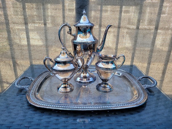 Castleton International Silver Com. 4 Piece Tea Set Platter Teapot Sugar Creamer
