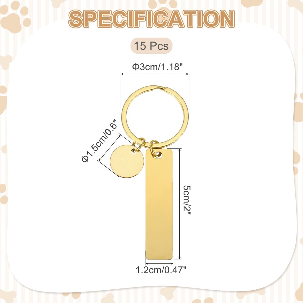15Pcs Metal Engraving Keychain Blanks, Gold Tone(Rectangular)