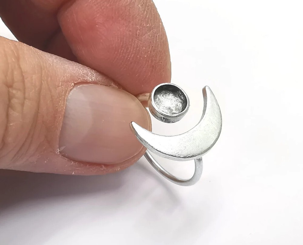 Crescent Moon Silver Ring Blank Base Bezel Settings Cabochon Mountings G27643