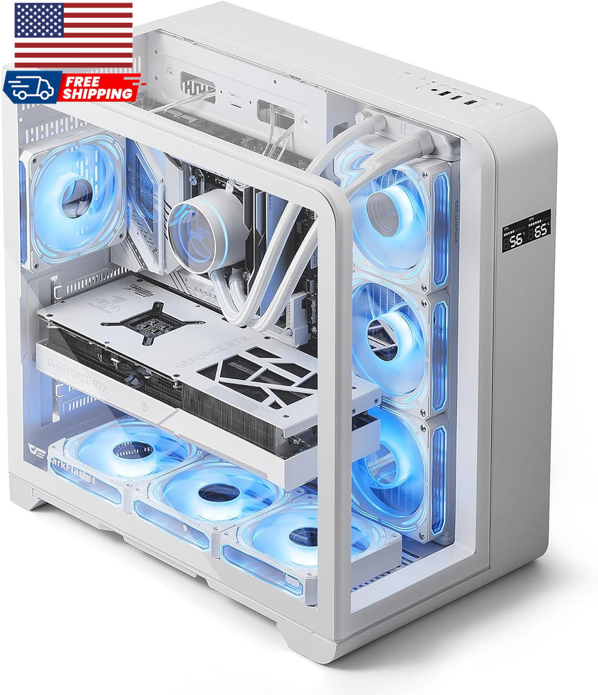 ATX Mid-Tower PC Case with Screen Three Side Glass Curved Full View Dual Gaming