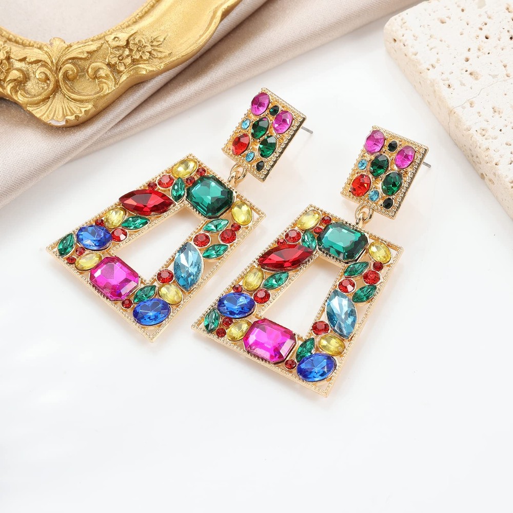 Elegant Rhinestone Rectangle Dangle Earrings Trendy Geometric Drop Statement ...