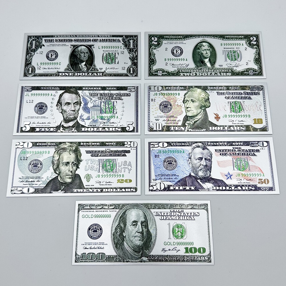 US Dollar Silver Banknotes 1 2 5 10 20 50 100 Bills Money Set Decorative Gift