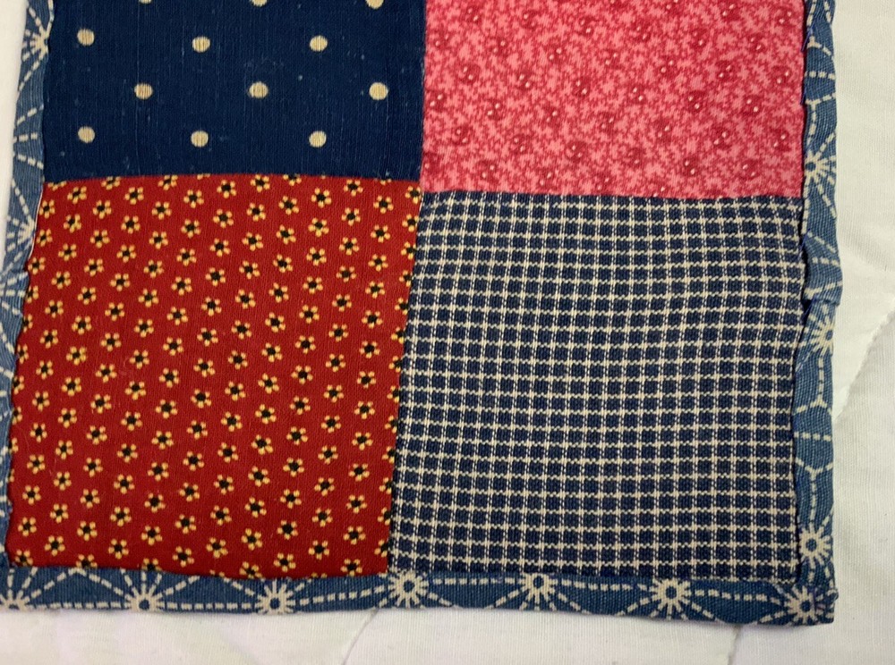 Antique Vintage Patchwork Small Quilt Table Topper, Four Patch, Early Calicos