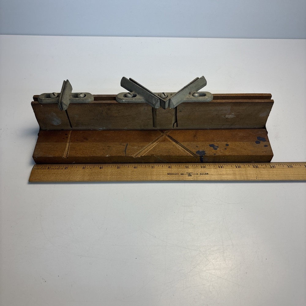 Vintage Compact Folding Miter Box Wood & Metal Adjustable Saw Guide