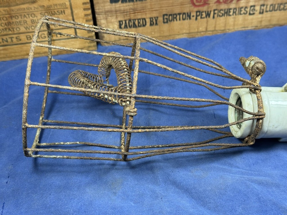 C.1915 Weber Porcelain Socket & Paddle Switch w/ Metal Cage ~ Old Drop Light