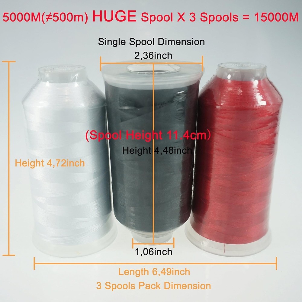 Assorted Polyester Embroidery Thread Spools 5000M-3 Pack All Colors for Machi...