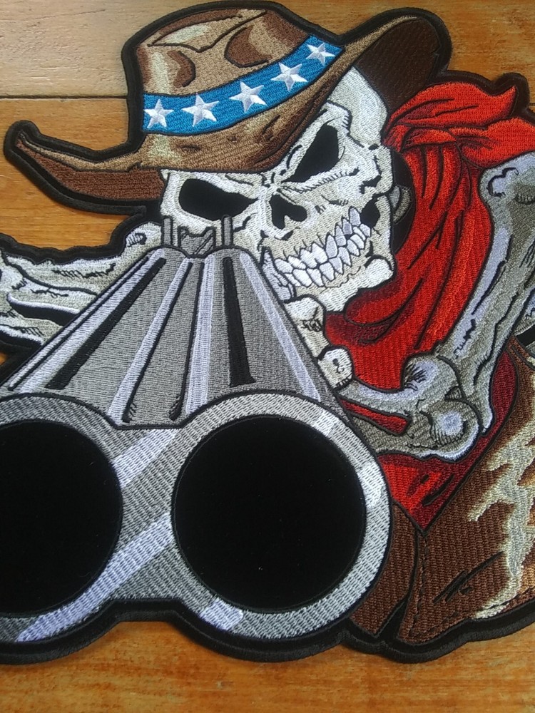 Large Embroidered Back Patch ~ Shotgun Cowboy Skeleton Biker Jacket PATCH