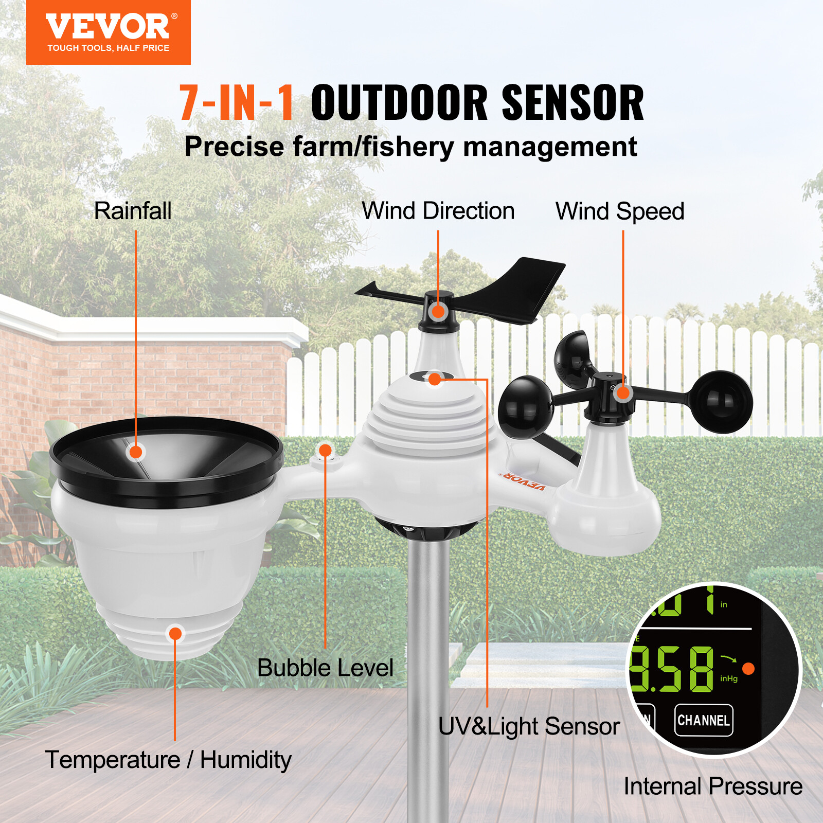 7-in-1 Wireless Weather Station 7.5 in Large Display for Indoor Outdoor