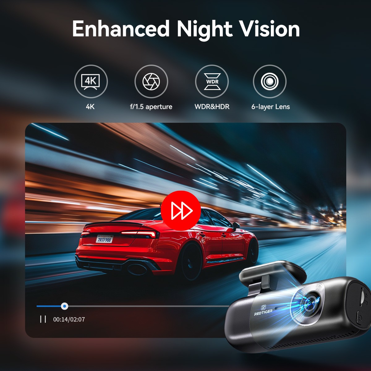 REDTIGER F9 Dash Cam Car Camera with 128GB Card Smart App Control WiFi GPS