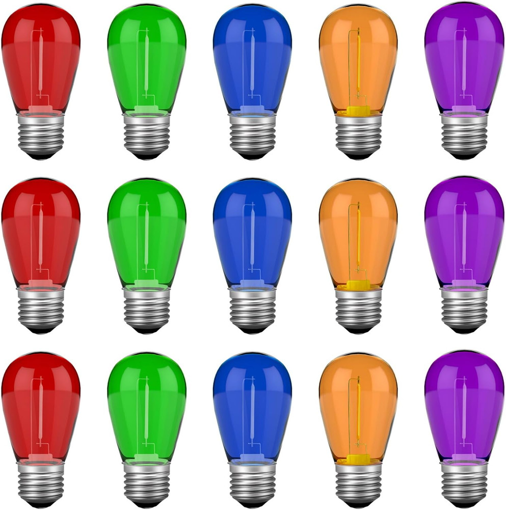 S14 Colored LED String Light Bulbs, 15 Pack 1 Watt Plastic Shatterproof LED Repl