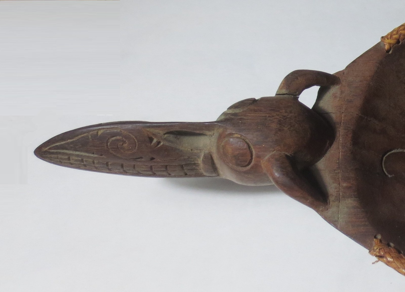 RARE! ANTIQUE! c1900 BORNEO "ASO DRAGON" CARVED WOOD BOWL w WEAVED RATTAN RIM