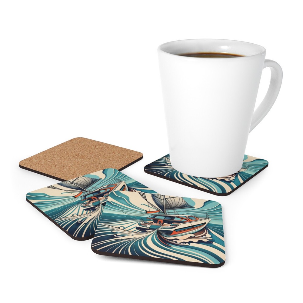 Nautical Yacht Corkwood Coaster Set (4pc)