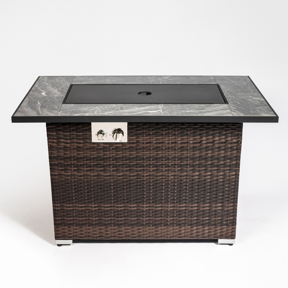 44" Rectangular Propane Fire Pit Table 50,000 BTU, Tile Top & Wicker Base Brown