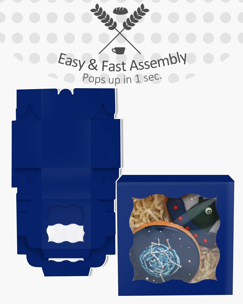 Dark Blue Bakery Boxes With Window 55pcs 4x4x2.5 Mini Cookie Boxes Macaron Boxes