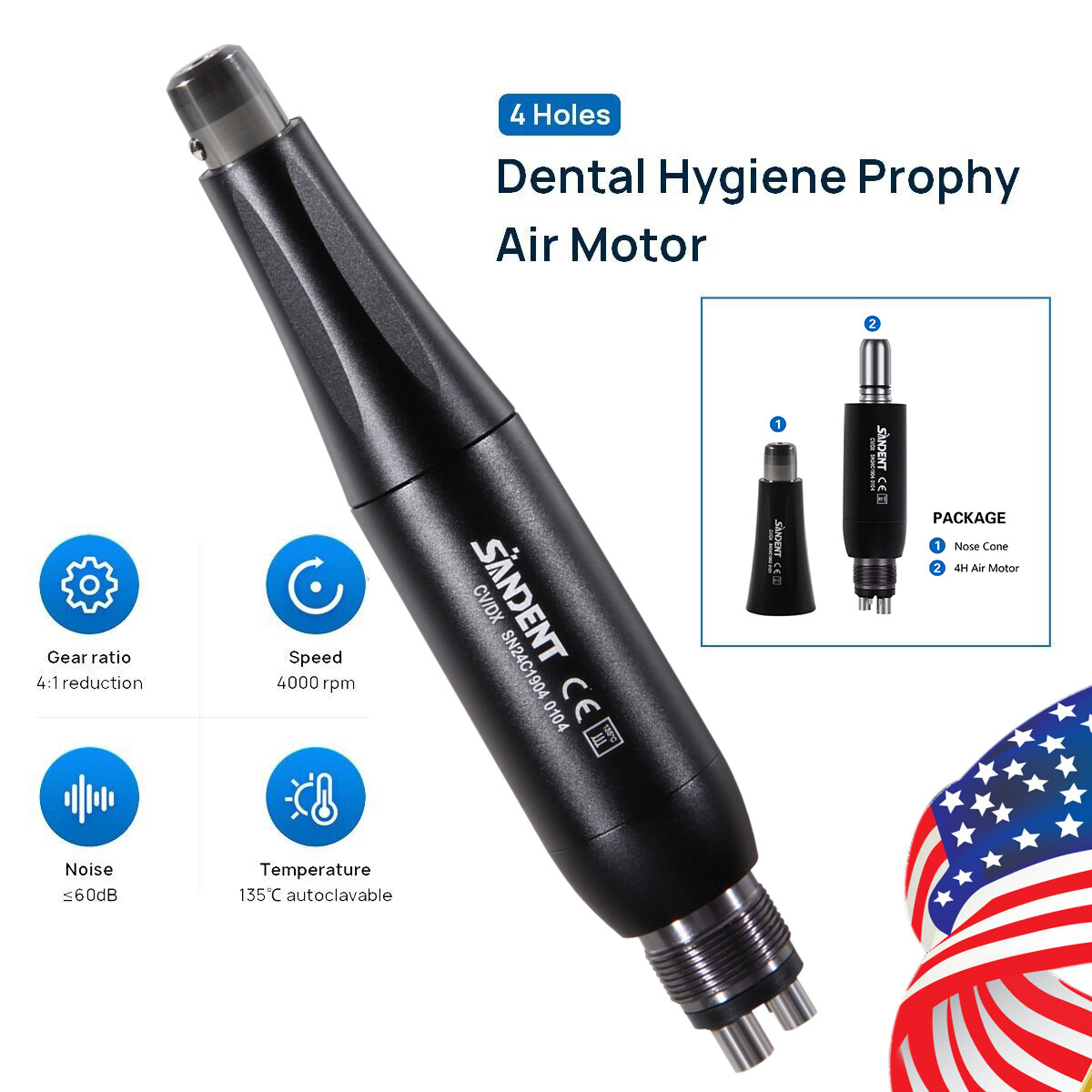 360° Swivel Dental Hygiene Prophy Handpiece Air Motor 4:1 Cone 4 Holes 4000 rpm