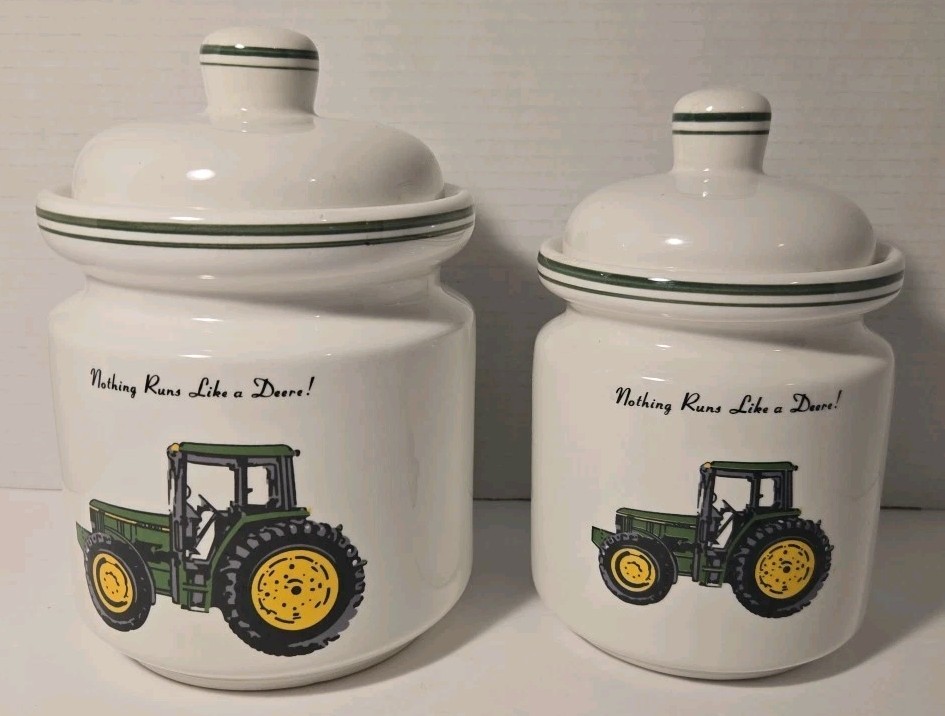 2 John Deere Ceramic Storage Canister/cookie jars With Lids