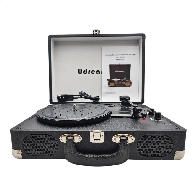 Udreamer Bluetooth Record Player Turntable 3-Speed Suitcase Black Tested NOB