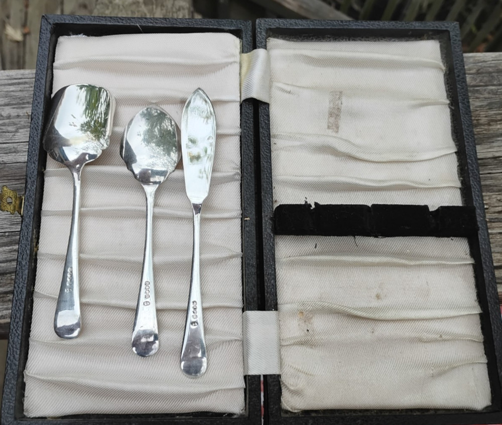 Sweet Antique 19th C Silver Plated 3-pc Dessert Serving Set Storage Case