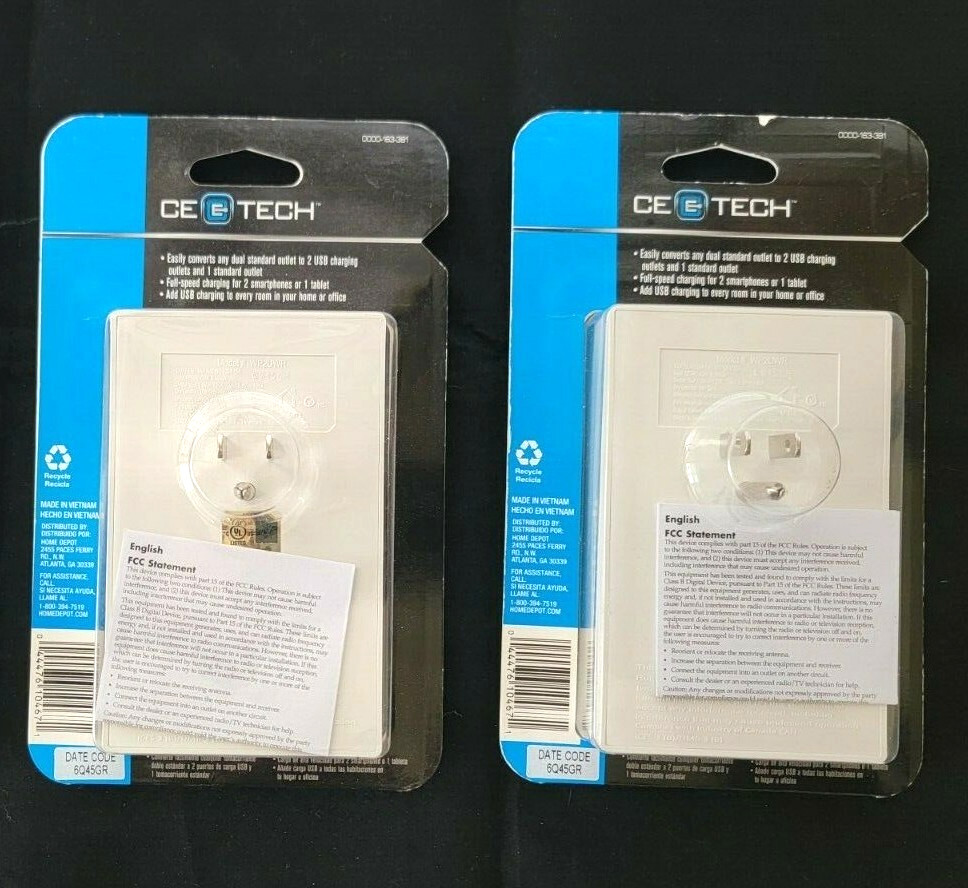 CE TECH White Dual 2.1 Amp USB Single Outlet Wall Plate 2 Pack
