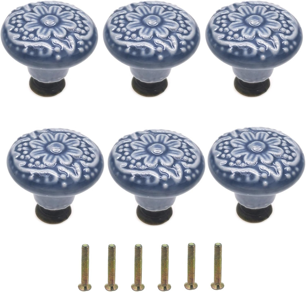 6 Pcs Ceramic Blue Drawer Knobs Vintage Flower Cabinet Knobs Furniture Pull Hand