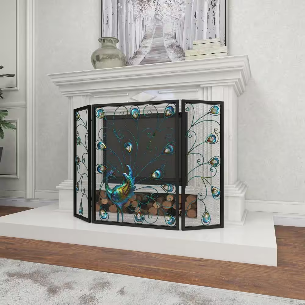 Black Metal Peacock Foldable Mesh Netting 3-Panel Fireplace Screen with Crystal