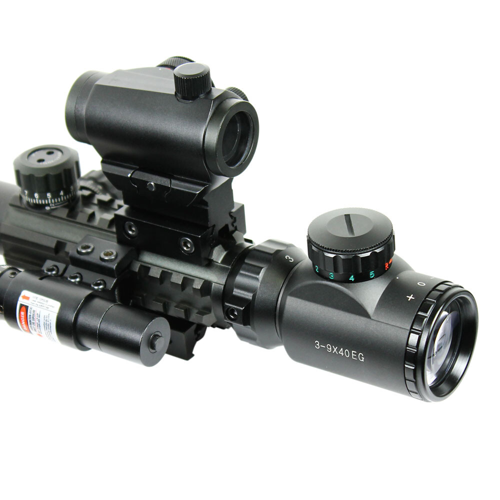 3-9X40 illuminated Rifle Scope + Red Laser Sight + Dot Sight with Rail Riser