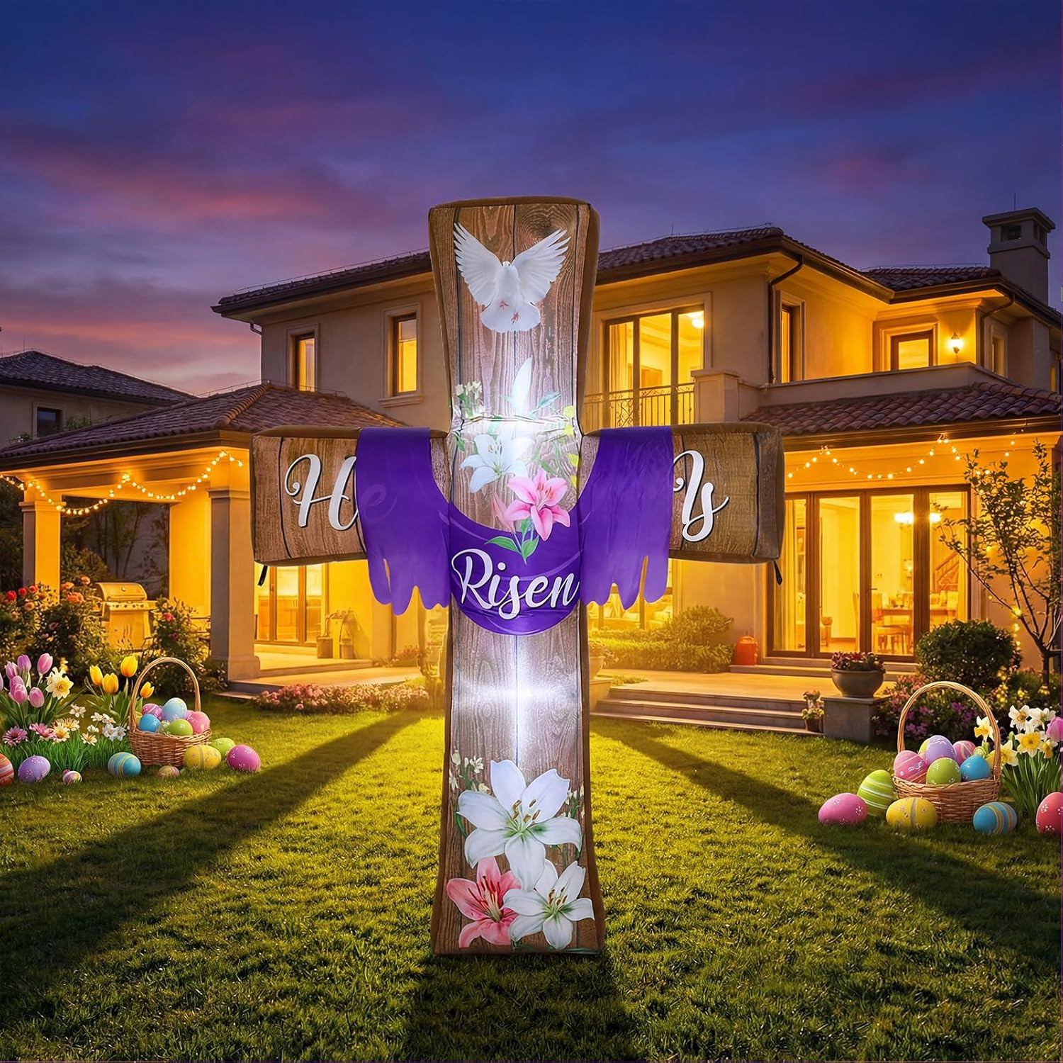 6Ft Easter Inflatables Outdoor Decorations He Is Risen Blow up Cross Yard Decora