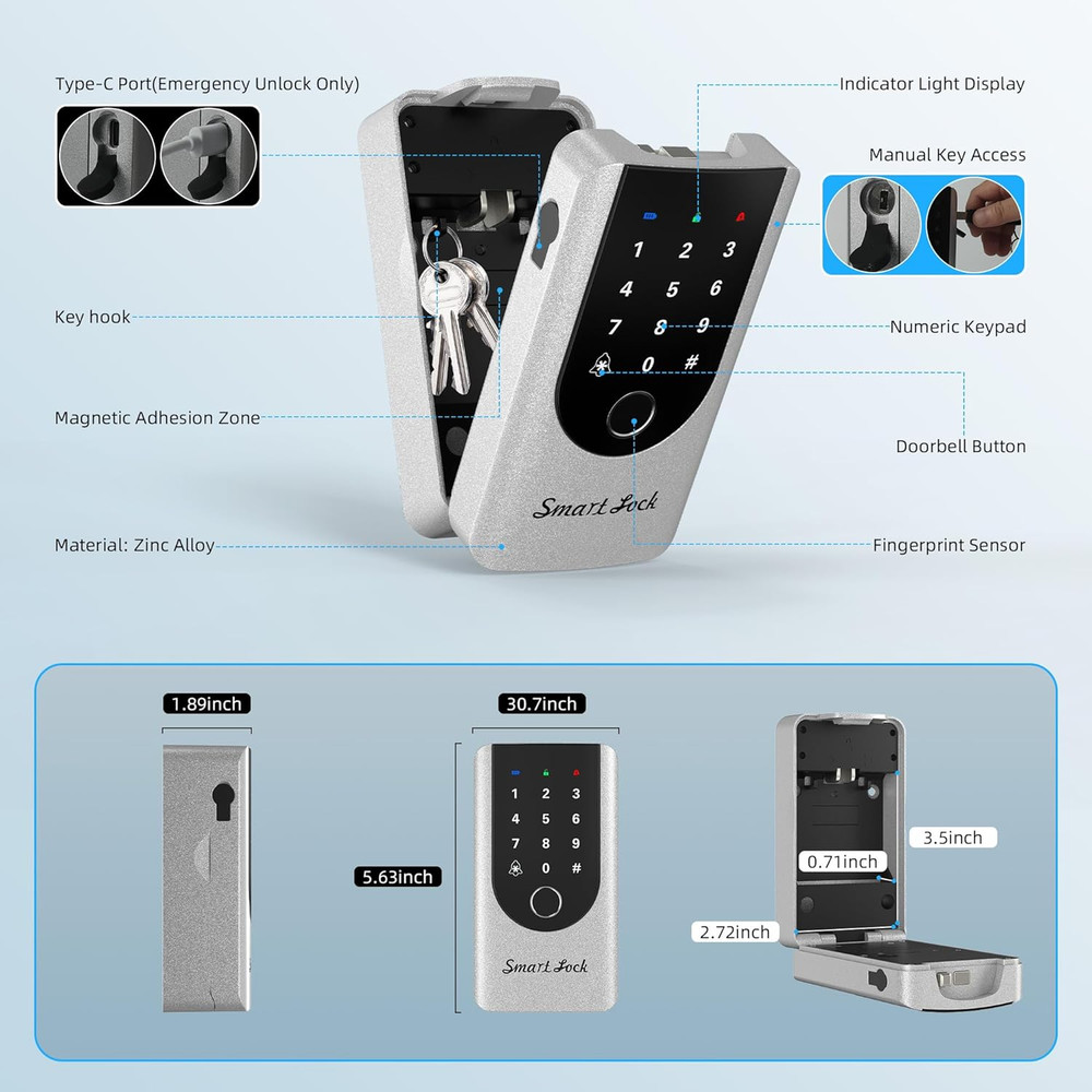 Fingerprint Key Box, Smart Key Lock Box with Bluetooth, Passcode, Doorbell, Weat