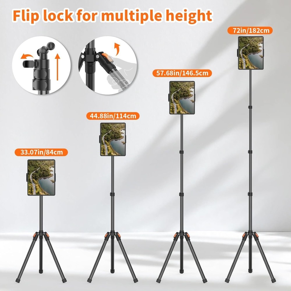 Stable 72" Height Adjustable Tablet Tripod for Streaming and Recording