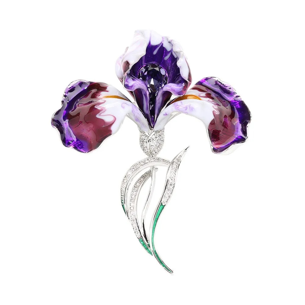 Vintage Purple Gradient Iris Brooch Elegant High-end Bouquet Pin Crystal Corsage