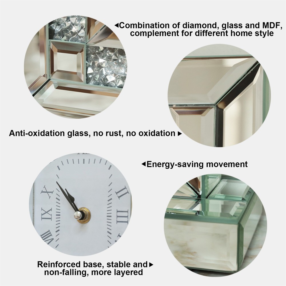 Crystal Crush Diamond Mirrored Square Clock Decorative Silver Table Quartz Clock