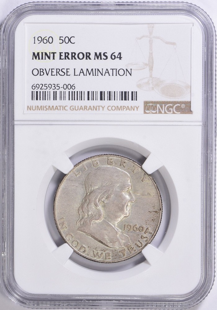 1960 Franklin Silver Half Dollar NGC MS-64 Obverse Lamination Mint Error Bubble?