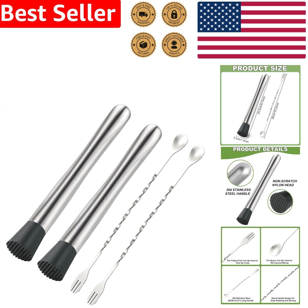 Versatile 4Pcs Muddler & Spoon Set for Mojitos and Cocktails - Safe Material