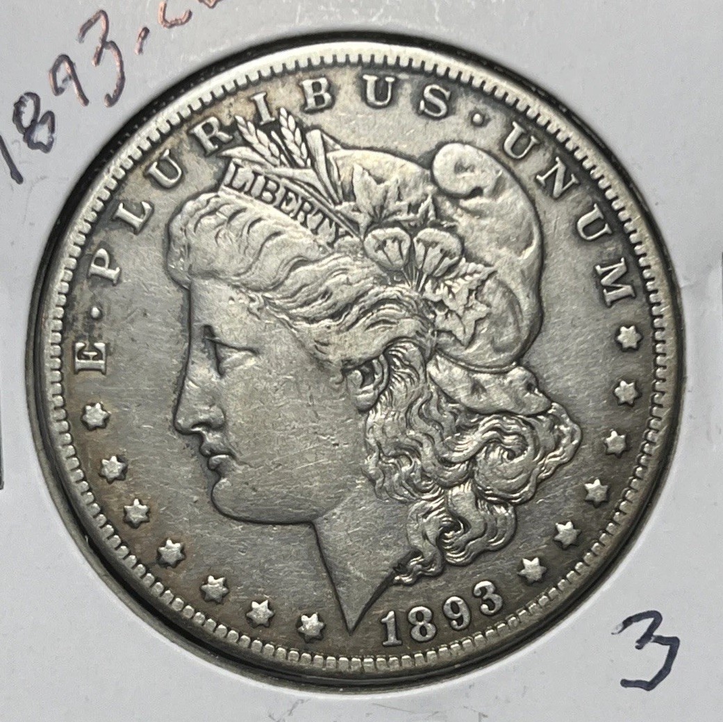 1893-CC MORGAN SILVER DOLLAR, VF DETAILS