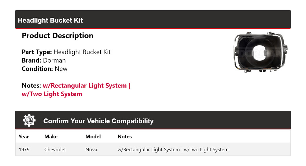 For 1979 Chevrolet Nova Dorman Headlight Bucket Kit