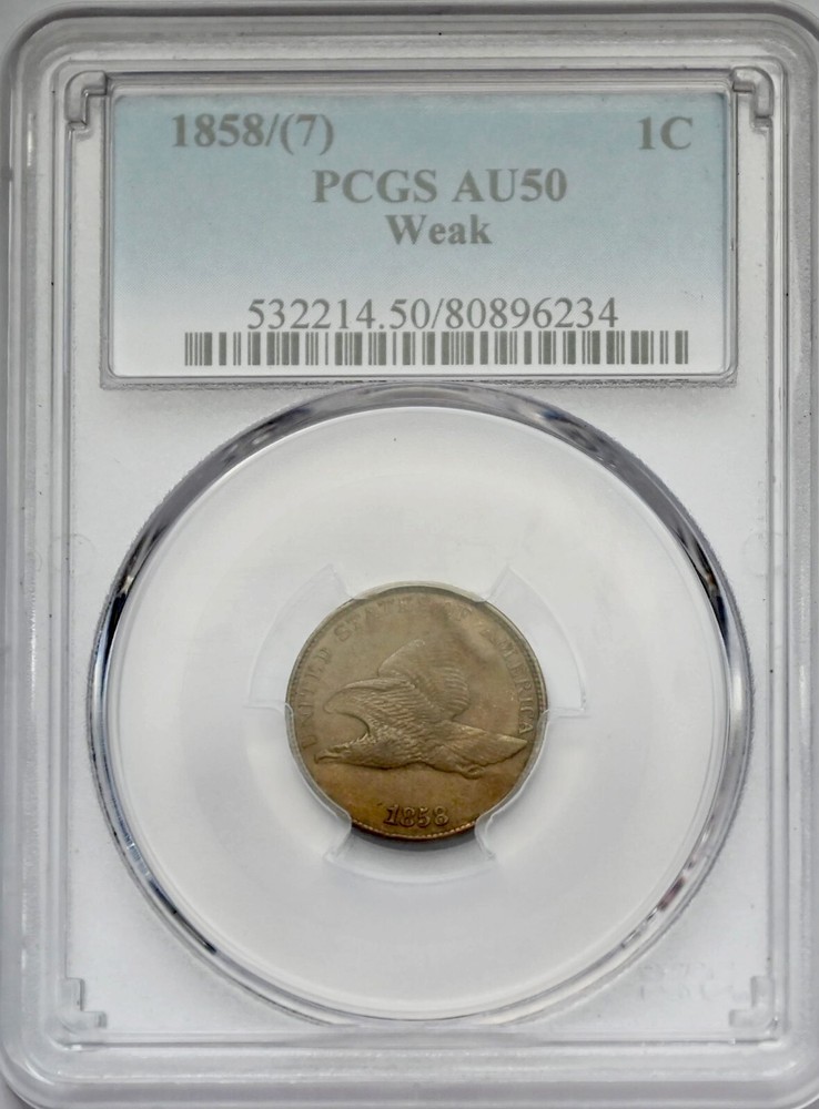 1858/7 Overdate Flying Eagle Cent 1C One Cent PCGS AU50 Weak